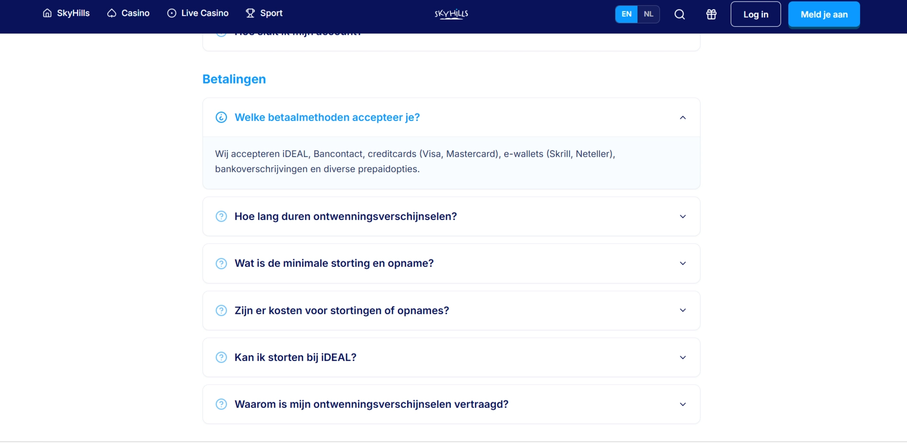 SkyHills betaalmethoden voor Nederland