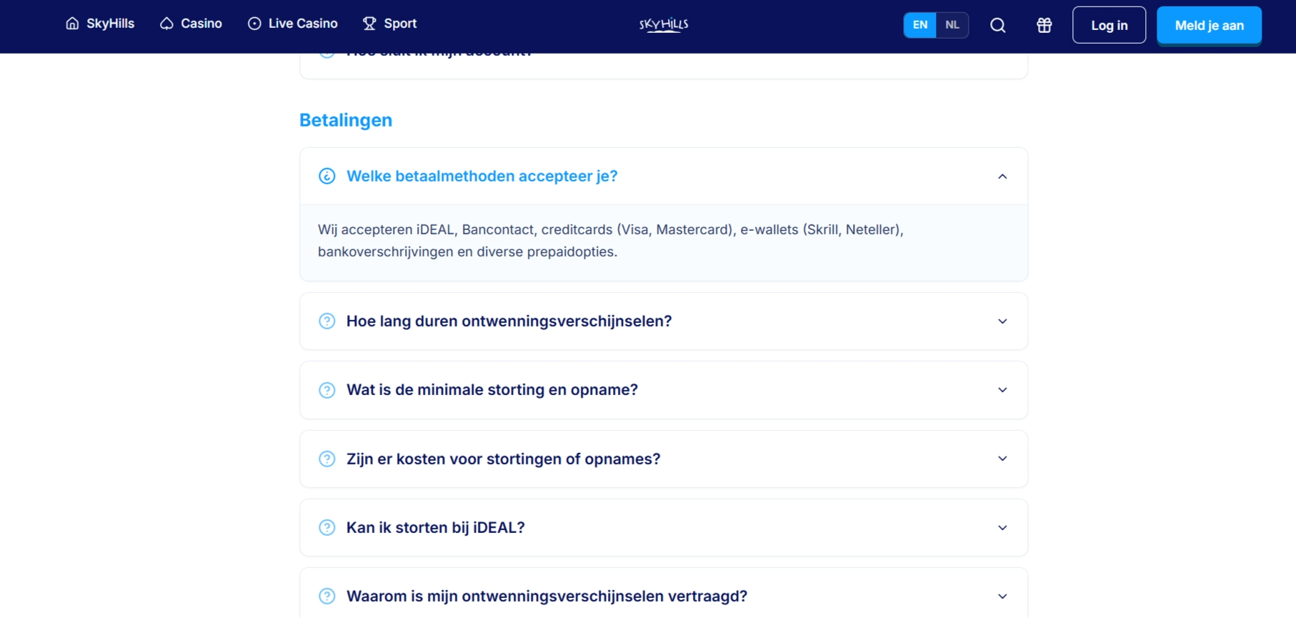 Stortingsopties in de SkyHills betaalomgeving voor een ingelogd account