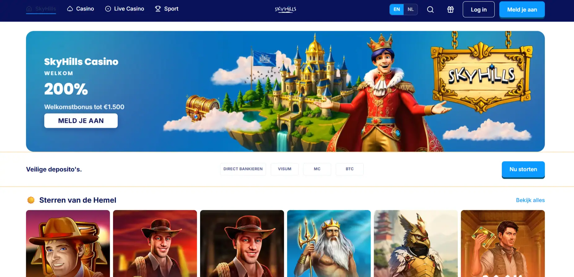 SkyHills-pagina die de actuele toegang tot de website laat zien