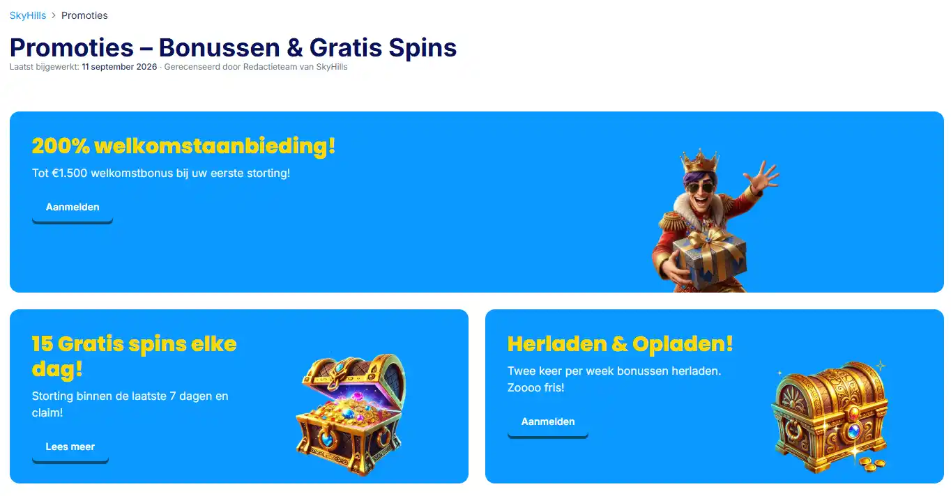 SkyHills bonus: welkomstbonus, free spins en voorwaarden
