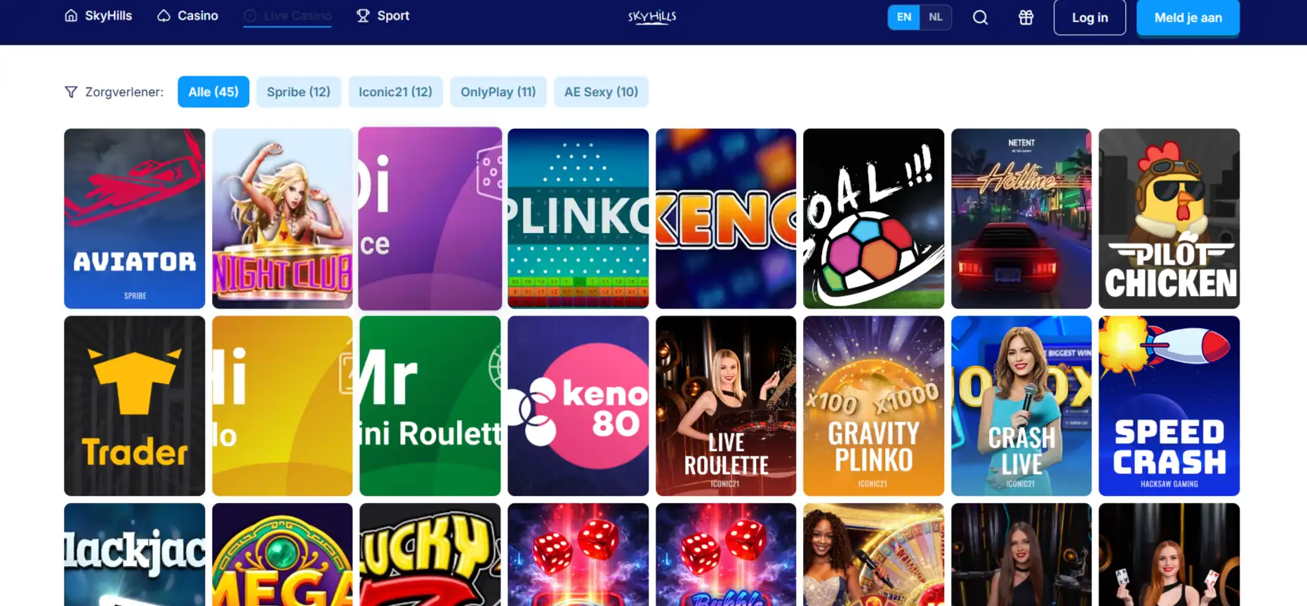 Live casinospellen in de SkyHills lobby met verschillende tafels en spelcategorieën